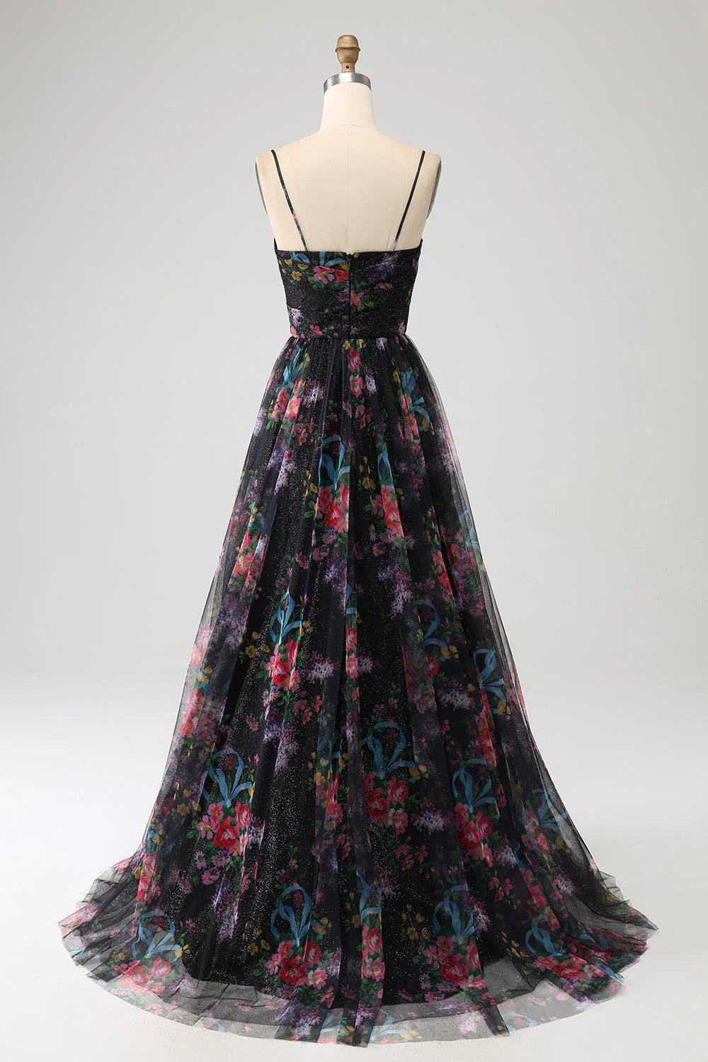Vestido de fiesta de corte A con tirantes finos estampados y abertura